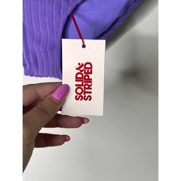 NWT Solid & Striped Ribbed Low Waisted High Leg Bikini Bottom Purple Womens L - Picture 2 of 6